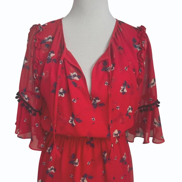 Misa Los Angeles‎ Raquel Red Floral Midi Dress Womens XS Layered Sheer Bohemian - Picture 3 of 14